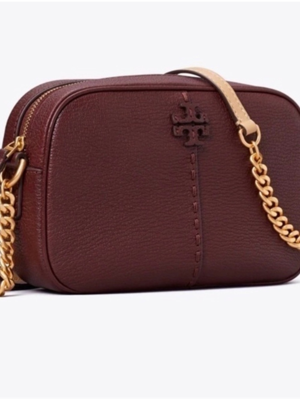 Tory Burch McGraw Leather Burgundy Pebbled Leather Crossbody with Gold Accents